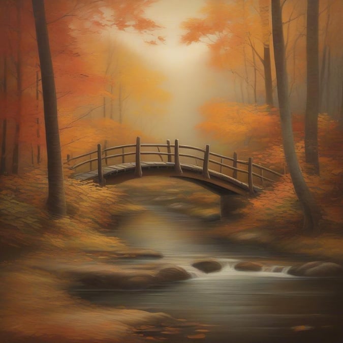 This image captures the essence of autumn, with the warm hues of the leaves and the gentle flow of the stream creating a sense of peace and tranquility. The bridge adds a sense of depth and perspective to the scene, inviting the viewer to step into the serene world depicted.