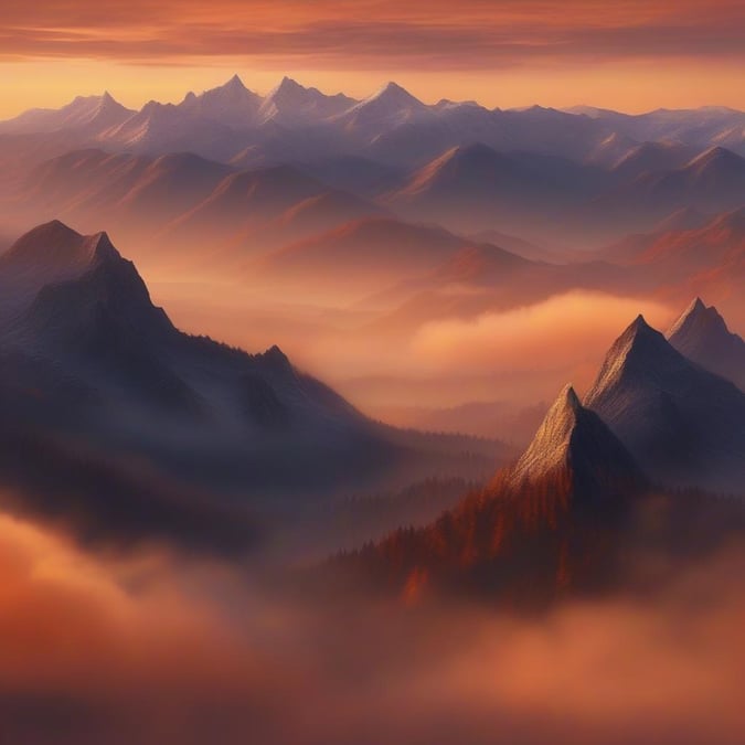 Awe-inspiring landscape capturing the grandeur of mountains as they rise against a warm orange sky, shrouded in gentle fog.