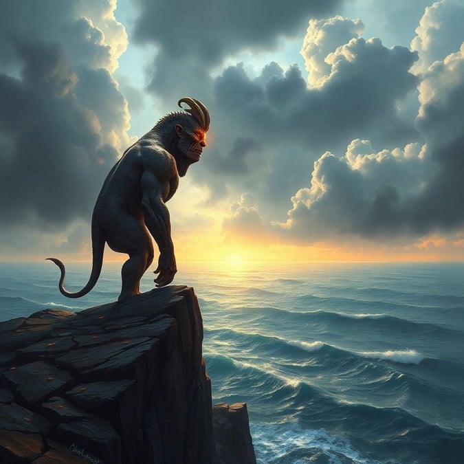 A fantastical scene featuring a mythical creature overlooking the ocean at sunset, possibly reflecting on its journey or simply enjoying the serene view.