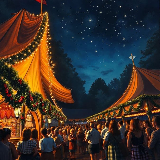 A lively night at the Oktoberfest festival, with people celebrating under twinkling lights.