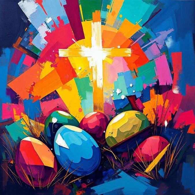 A colorful and joyful image of Easter eggs and a cross, perfect for use as a wallpaper or background image.