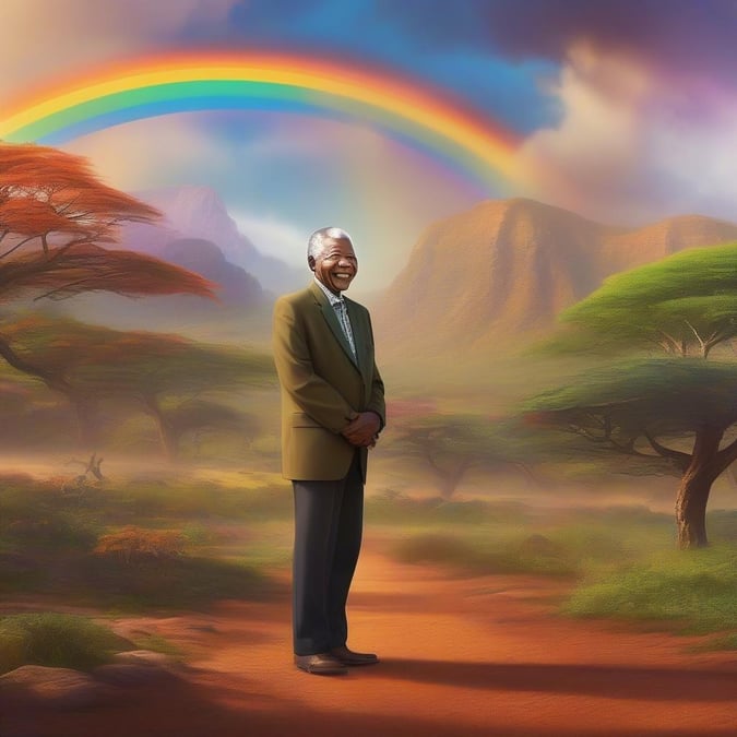 A touching tribute to the great South African leader, Nelson Mandela, standing in front of a majestic rainbow against the backdrop of his beloved homeland.