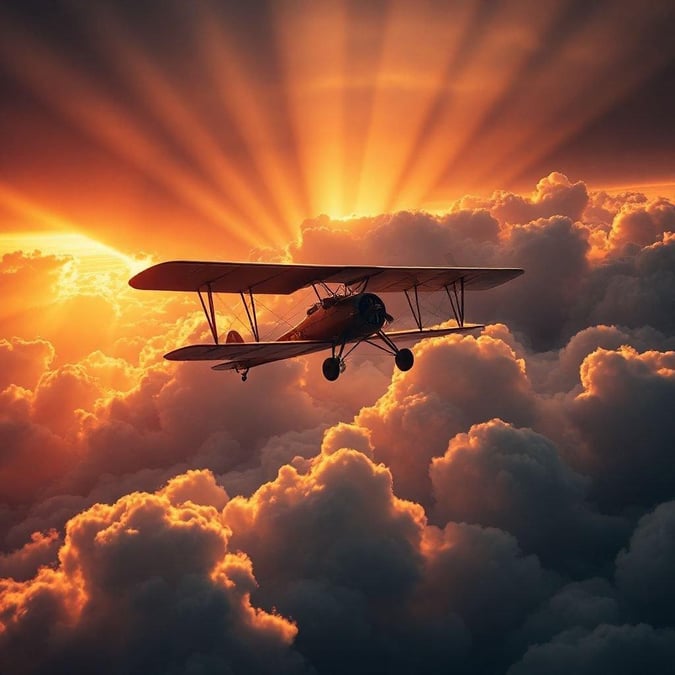 This vintage airplane soaring through the clouds is a breathtaking sight. The airplane's classic design and the clouds' soft, white peaks create a sense of nostalgia and wonder.