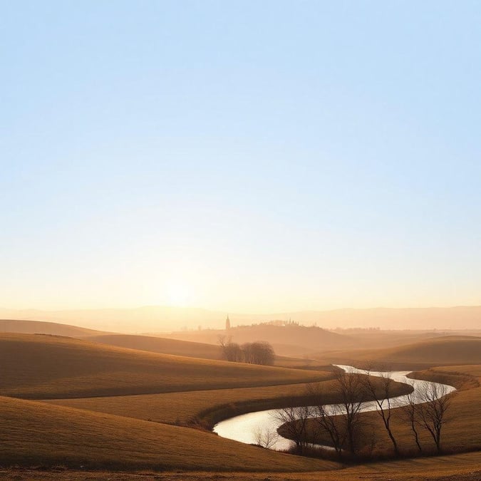 This minimalist landscape wallpaper features a serene and peaceful scene of a river flowing through a field with trees in the background. The image is perfect for those who appreciate simplicity and nature.