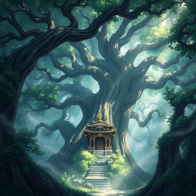 This anime-style illustration depicts a majestic, ancient tree standing tall in a misty forest, with a shrine hidden within its canopy. The intricate patterns on the tree and the mysterious ambiance of the scene create a sense of wonder and awe.