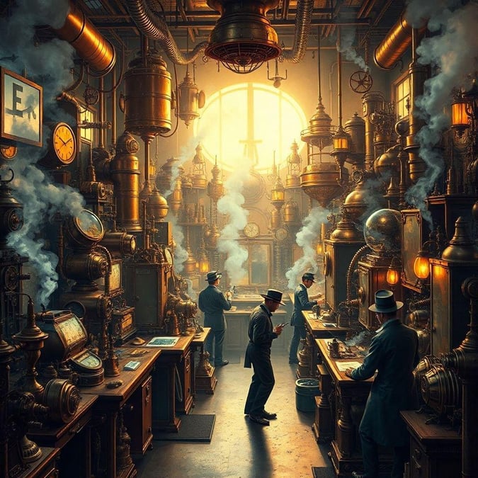 A whimsical steampunk lab filled with inventors at work, complete with brass machinery and vintage scientific paraphernalia.