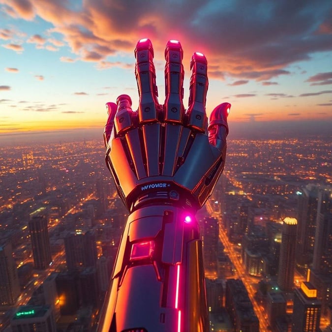 A cityscape at dusk, where neon lights illuminate the high-tech world. A cyborg arm reaches up towards the glowing sky.