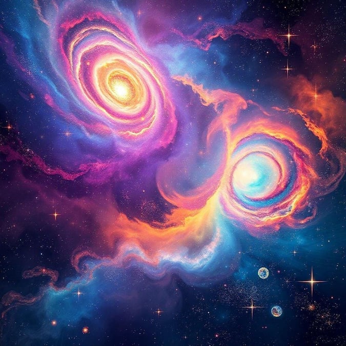 An artistic depiction of two nebulas in the cosmos, merging into a stunning display of celestial energy.