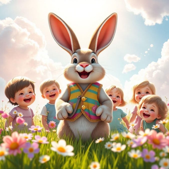 This adorable wallpaper features a cheerful Easter bunny surrounded by a vibrant field of flowers, perfect for adding a touch of springtime joy to your desktop or mobile device.