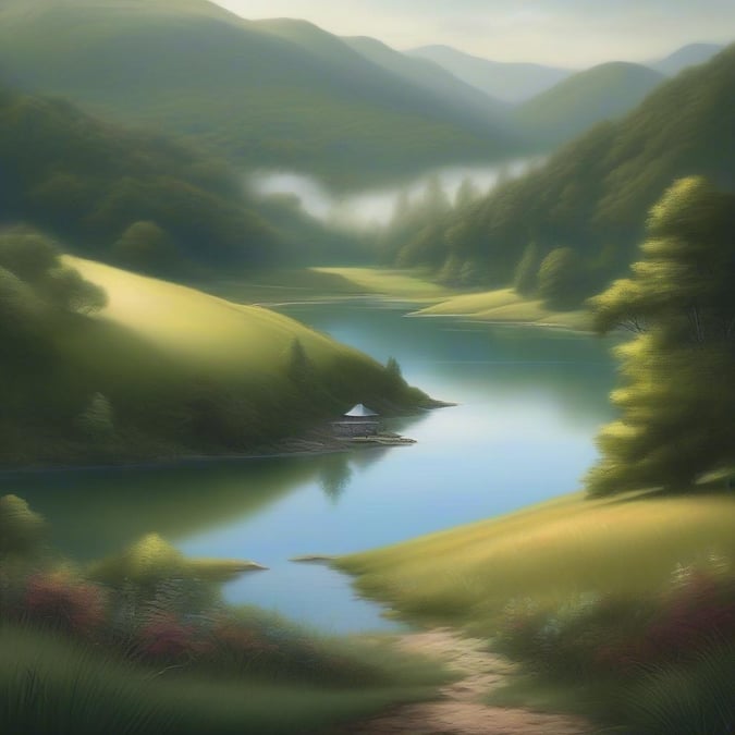 This tranquil scene captures the beauty of nature, featuring a serene lake nestled in a lush valley, with majestic mountains rising in the distance.