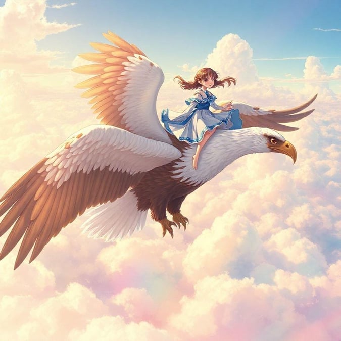 A beautiful anime illustration of a young girl riding a giant eagle, with a peaceful sky filled with rainbow-colored clouds.