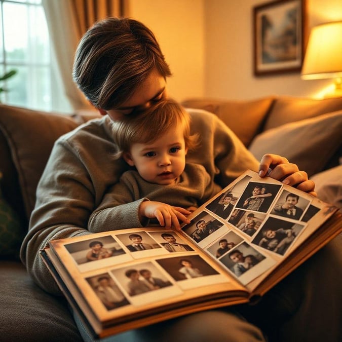 A touching scene of a mother reading an album of family photos with her young child, capturing cherished memories.