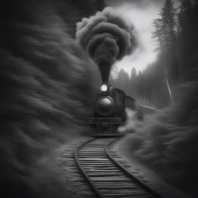 Step into a world of mystery and intrigue with this captivating black and white wallpaper, featuring a train journey through a dark forest.