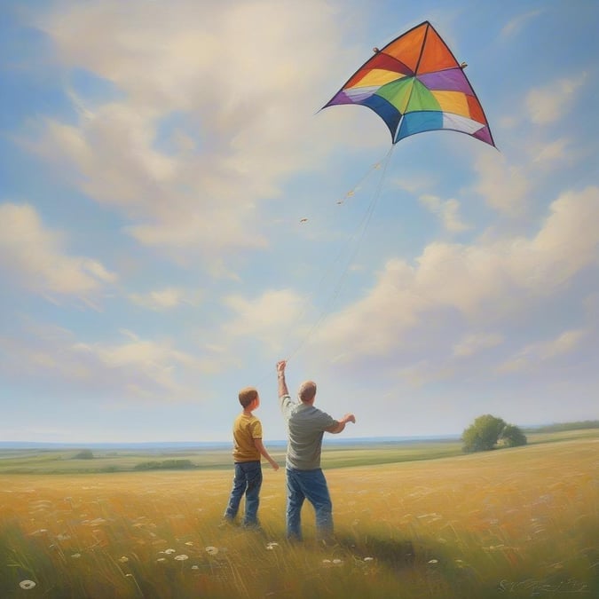 A heartwarming scene from a father's day celebration, as a man and child enjoy flying a colorful kite together in an open field.