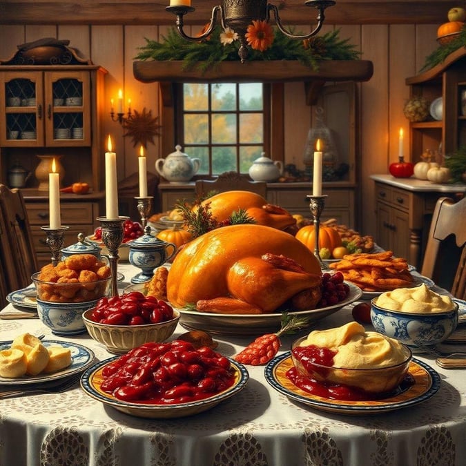 A rustic table set with all the trimmings, ready to welcome family and friends for a hearty Thanksgiving meal. The warm glow of candlelight adds to the inviting atmosphere, making it perfect for a cozy gathering.