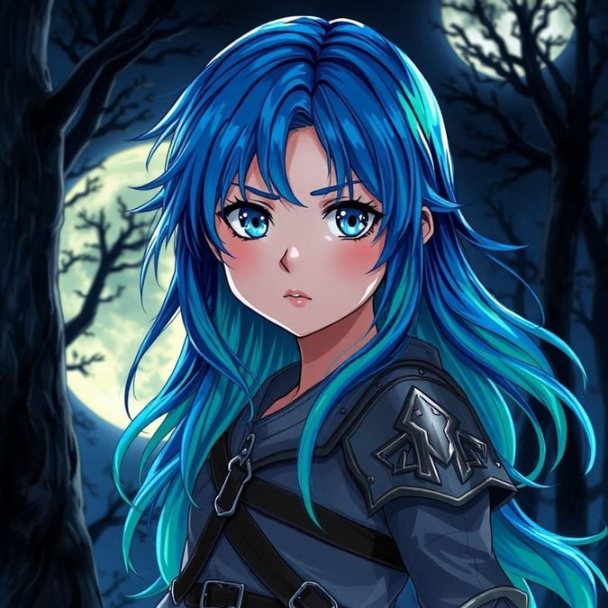 Questa affascinante illustrazione anime mostra una giovane guerriera con capelli blu e verdi, ambientata su uno sfondo scuro e drammatico. Il suo sguardo intenso è il punto focale, attirando l'osservatore mentre emana un senso di tranquillità.