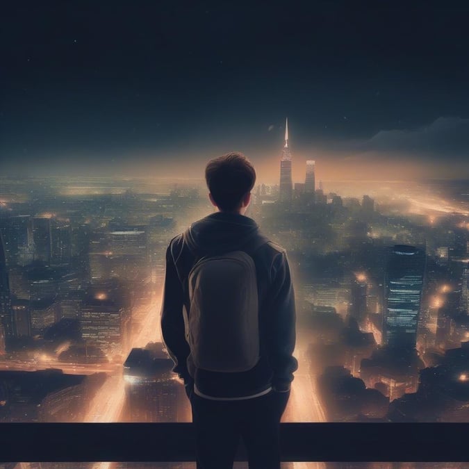 A young man stands overlooking the city at night, lost in thought. The backdrop of the iconic Empire State Building hints at a story of ambition and possibility.