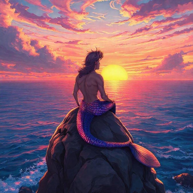 This anime-style wallpaper features a mermaid sitting on a rock by the sea, looking out at the sunset. The mermaid has long hair and a purple tail, and is surrounded by a beautiful ocean scene.