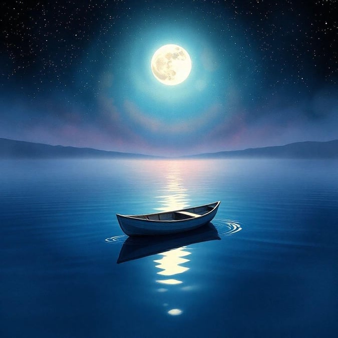 A serene nighttime scene featuring a solitary canoe reflecting in the tranquil waters of a deep blue lake. The sky is clear, and the full moon casts a soft glow over the scene.