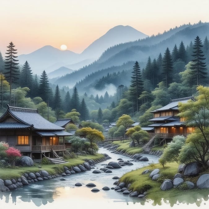 Immerse yourself in the serene beauty of this traditional Japanese village, where the soft light of dawn illuminates the wooden houses and winding river, set against the majestic backdrop of a lush forest.