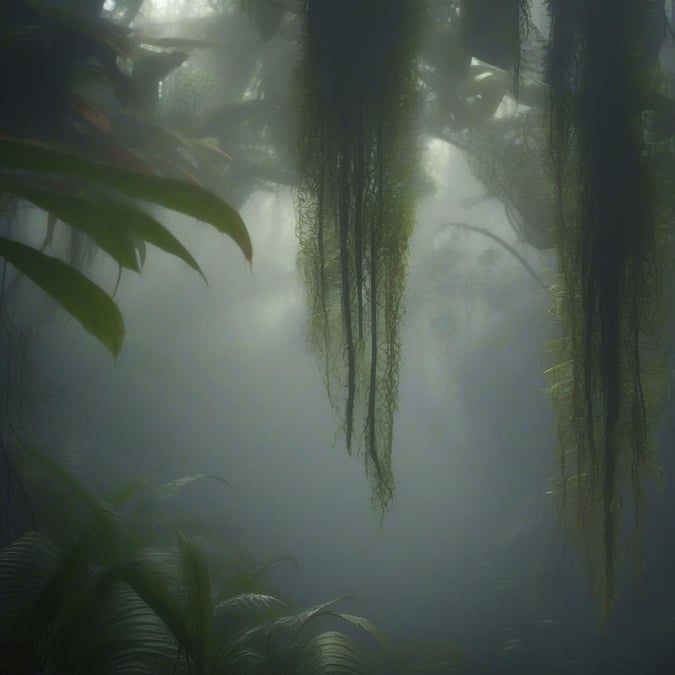 A mystical jungle scene with hanging mosses, foggy atmosphere, and lush vegetation.