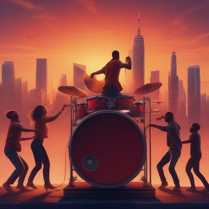 This image captures the energy and excitement of a rock band performing in the city. The drummer is the focal point, with the city skyline serving as a stunning backdrop.