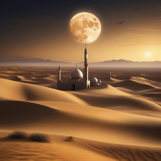 A tranquil night scene featuring the iconic Sheikh Zayed Grand Mosque, bathed in the soft glow of a full moon. The stars twinkle above, casting long shadows across the sandy landscape under a deep orange sunset.