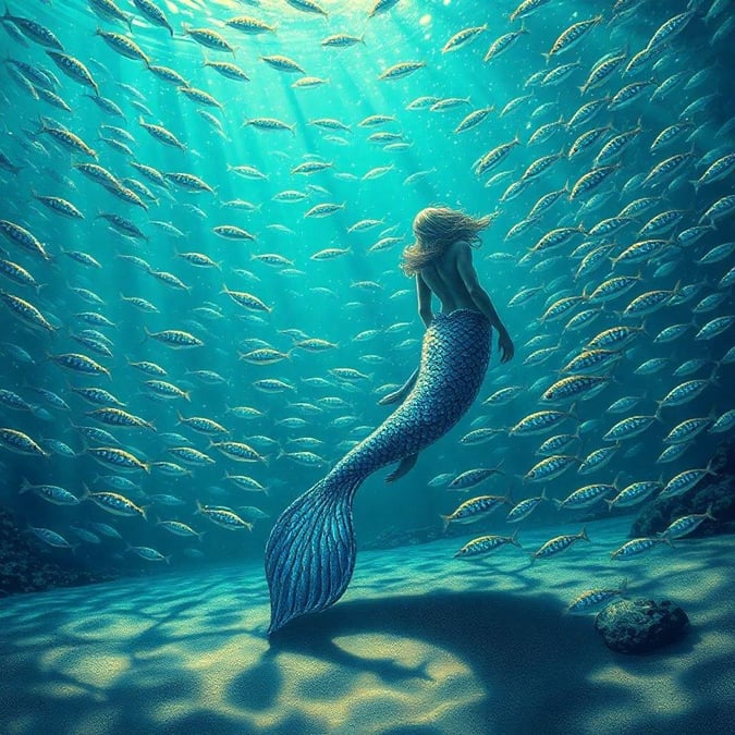 A captivating view into an underwater world, where a mermaid gracefully sits among the fish.