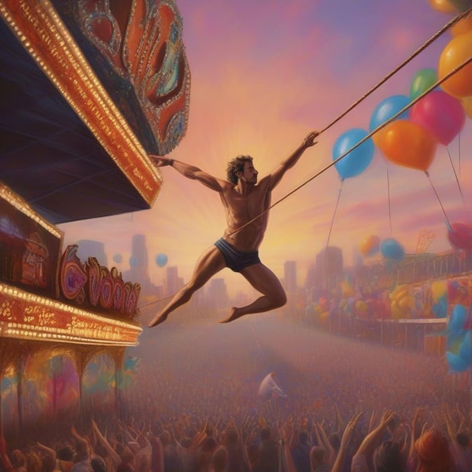 A man, likely the mascot from a carnival or fair, is seen triumphantly holding onto a rope above the bustling crowd below. His pose suggests he has just won one of the games, as he is suspended in mid-air by a strong grip on his bar.