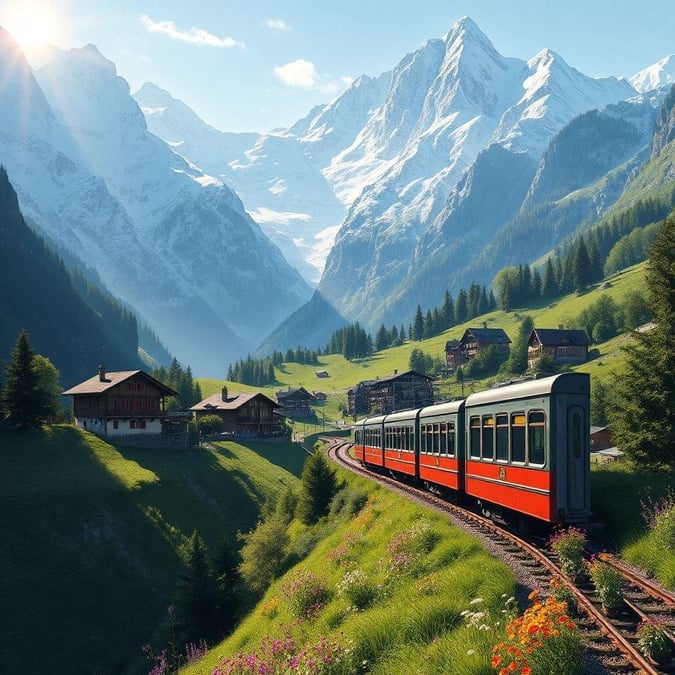 All aboard for an unforgettable journey through the mountains, where the train winds its way through lush greenery and majestic peaks.