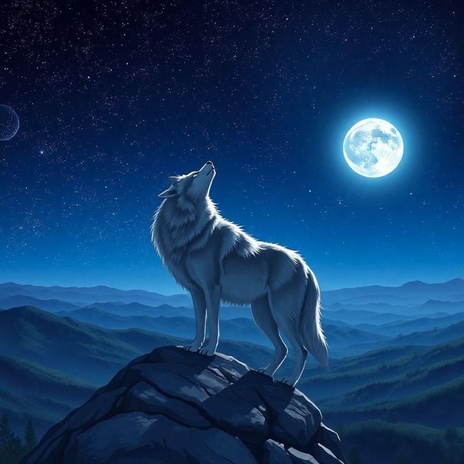 A majestic wolf gazes into the night sky, silhouetted against a serene landscape.