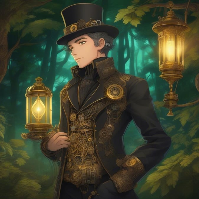 Un inventeur steampunk captivant se tient au milieu d'une forêt luxuriante, sa tenue brillant de rouages et de tuyaux. La lumière chaude de la lanterne illumine la scène, créant une ambiance enchanteresse inspirée de l'anime.