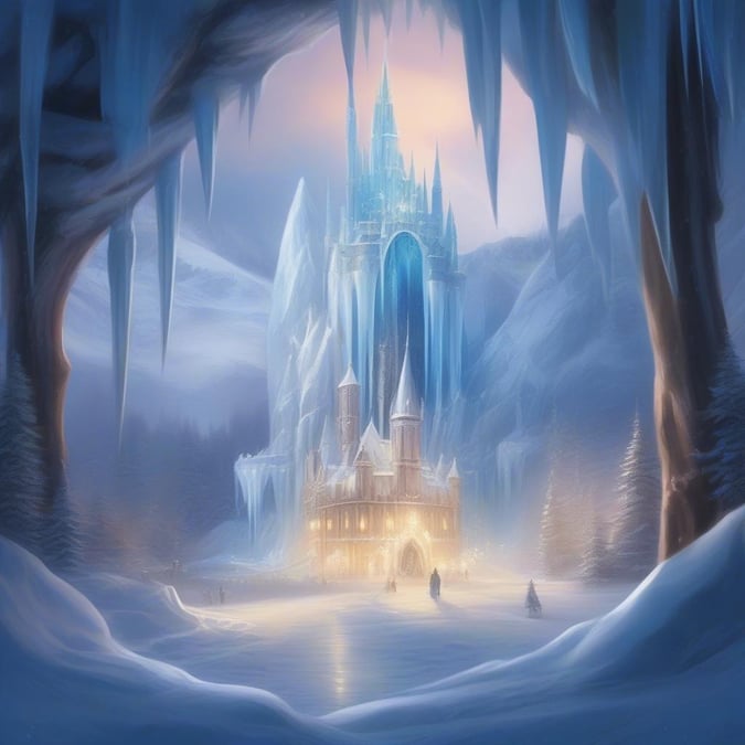 A snowy winter wonderland featuring a majestic castle at its heart, bathed in the soft glow of festive lights.