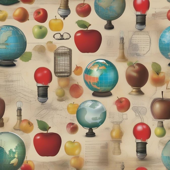 This wallpaper brings the spirit of learning back into your daily routine, featuring a variety of objects that represent knowledge, adventure, and curiosity. From apples that symbolize education to globes that hint at exploration, this vibrant pattern will inspire you to keep seeking new horizons.