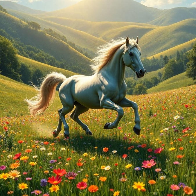 This fantastical creature is captured in a moment of pure freedom, galloping through a field blooming with vibrant flowers. The sun shines brightly, casting long shadows and highlighting the elegance of its white coat and flowing mane. This image would make a beautiful wallpaper for anyone who loves horses or fantasy creatures.