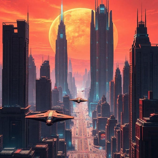 This stunning wallpaper features a futuristic cityscape with a large moon or planet in the background, set against a vibrant orange sky. The scene is populated by various flying vehicles and skyscrapers, creating a sense of depth and dimensionality.