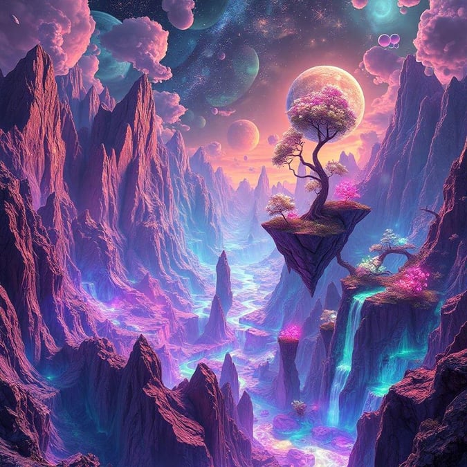 Immerse yourself in this breathtaking fantasy sci-fi landscape, where towering mountains meet vibrant, glowing flora and fauna. The image exudes a sense of wonder and adventure, inviting you to explore the uncharted territories of this otherworldly realm.