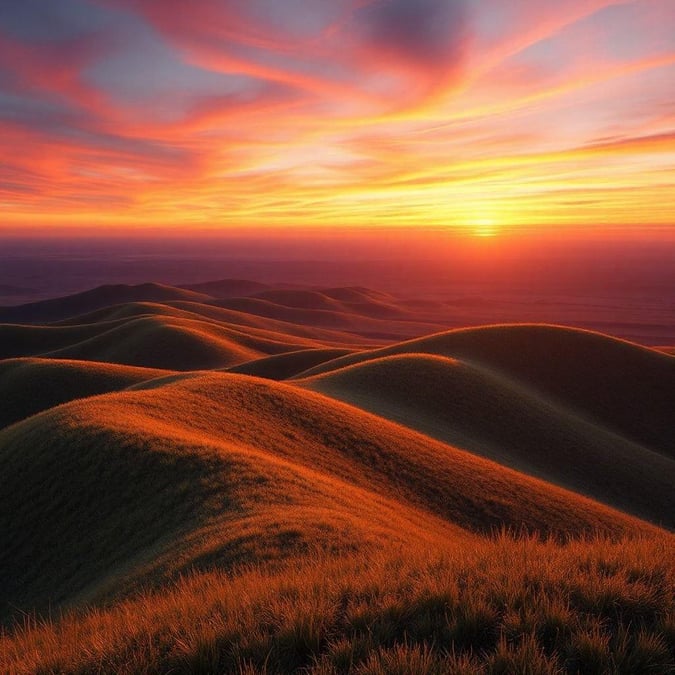 A peaceful scene at sunset, where the warm hues of the sky meet the cooler tones of the grassy hills.