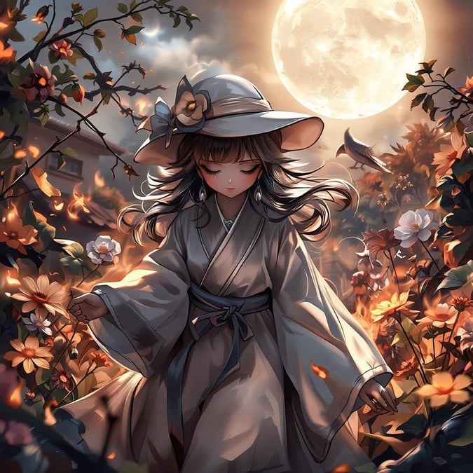 Immerse yourself in the enchanting world of anime with this captivating garden scene wallpaper. The porcelain doll, dressed in a white robe and hat, dances gracefully through the magical garden, surrounded by warm light and a full moon as a backdrop. This ethereal atmosphere is perfect for desktop and mobile use, offering a unique and captivating visual experience.