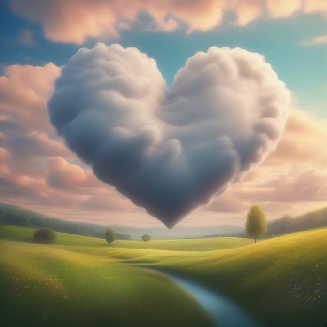 A beautiful heart-shaped cloud in the sky, surrounded by a peaceful and serene atmosphere.