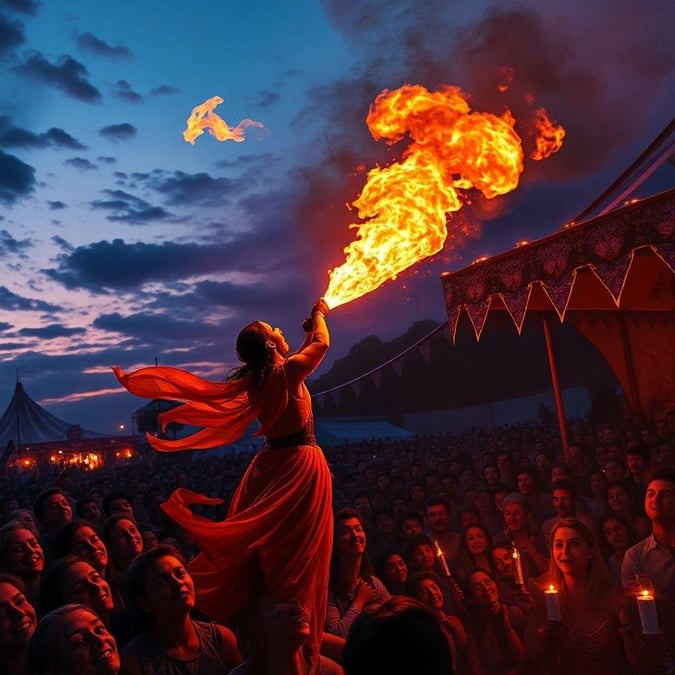 A vibrant carnival night with daring performers, fire-breathing excitement, and a crowd full of spectators.