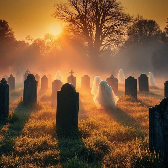 A spooky scene at a graveyard with fog and sunlight creating an eerie atmosphere, perfect for Halloween.