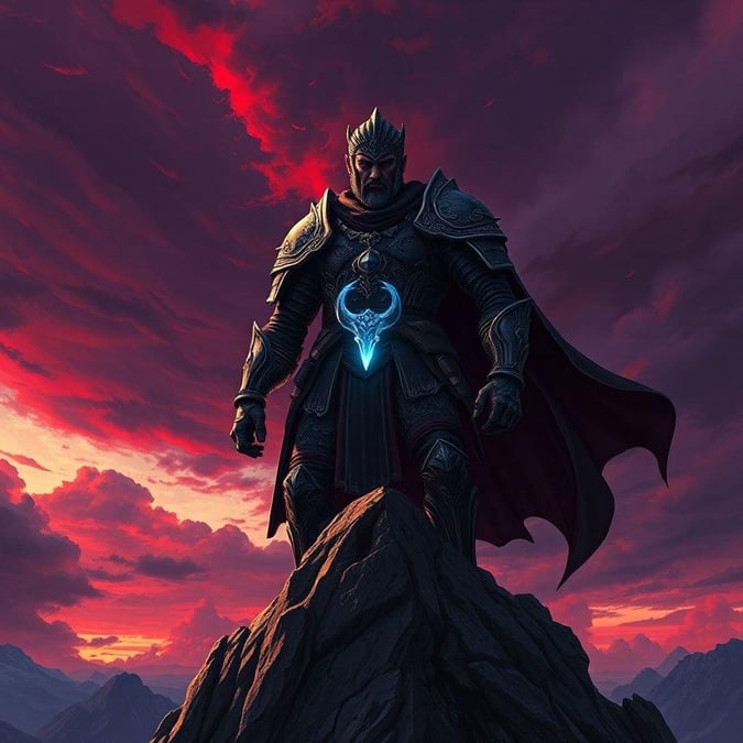 A stern warrior in a dark fantasy setting, standing atop a rocky outcrop with the setting sun in the background.