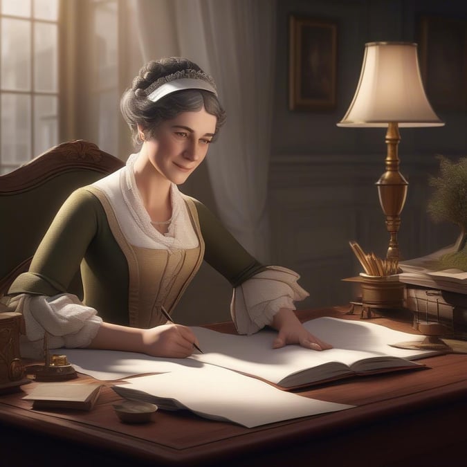 A regal and elegant woman, perhaps an icon or celebrity from a bygone era, is captured in a moment of quiet concentration. Dressed in historical attire, she holds a quill pen poised over a stack of papers on her desk, suggesting a sense of importance and timelessness.