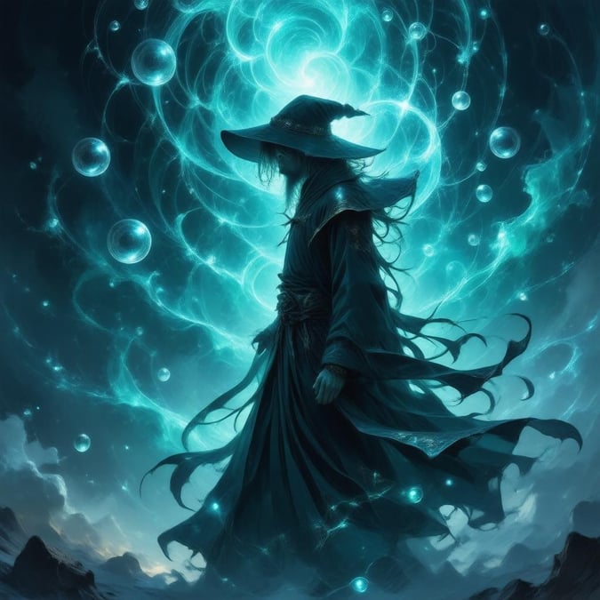 This wallpaper features a mysterious anime-style onmyodo mage, surrounded by swirling orbs of light and dark, creating an ethereal atmosphere.