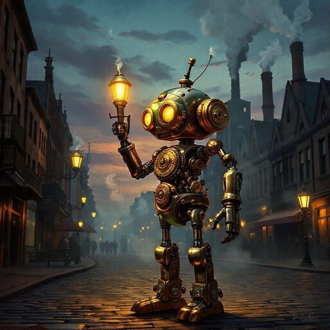 A charming steampunk scene featuring a robot holding a lantern, standing on a cobblestone street with an industrial backdrop. The fusion of technology and vintage aesthetics creates a captivating visual narrative.