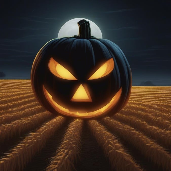 Celebrate Halloween with the spooky charm of a jack-o'-lantern glowing in the dark, standing guard over an old cornfield.