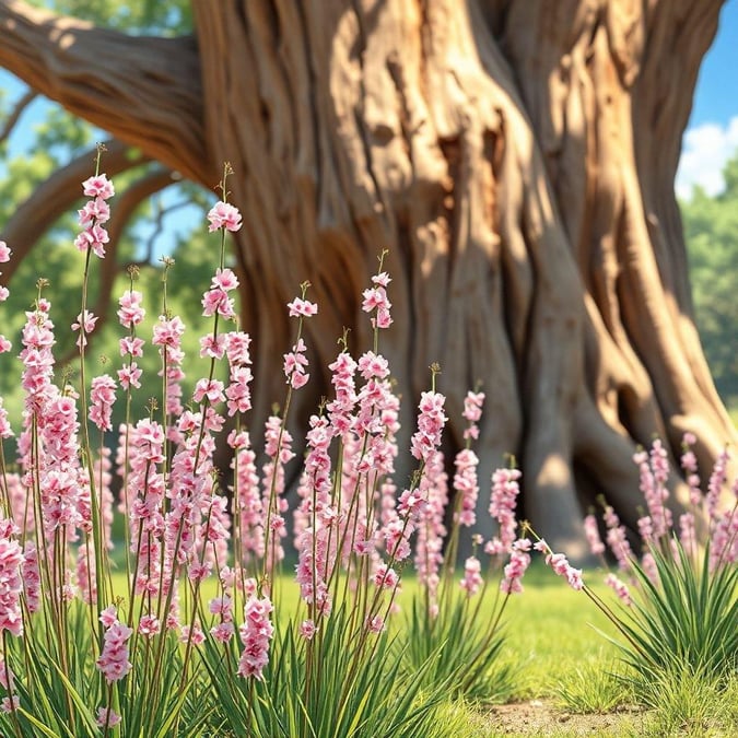 This anime-style wallpaper features a serene garden scene with pink saguaro bushes falling from the branches like snowflakes, set against a blurred background of a large tree trunk and a small patch of grass.