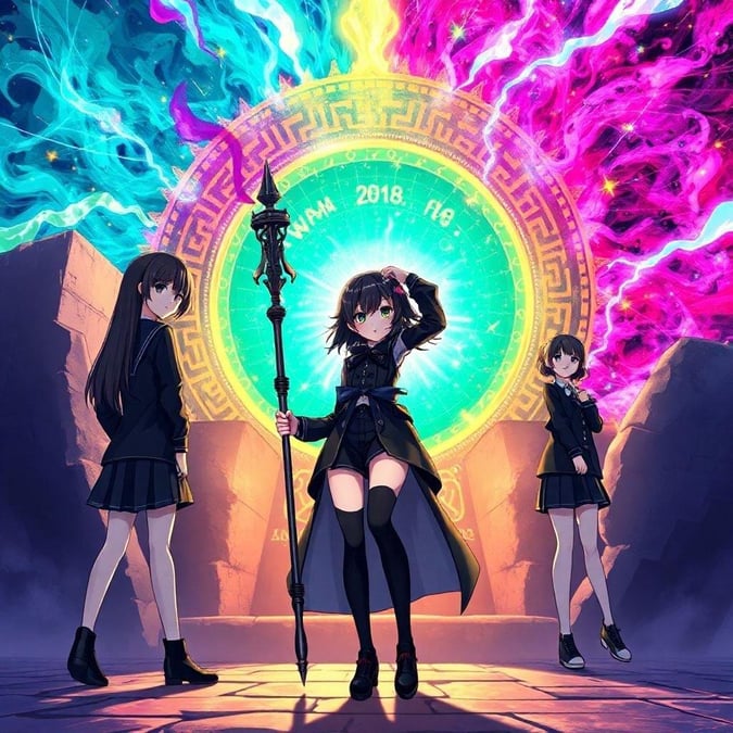 A captivating anime wallpaper featuring three schoolgirls at the threshold of an otherworldly gate. The central figure, with a staff in hand, embodies the role of a protector or leader among her friends.