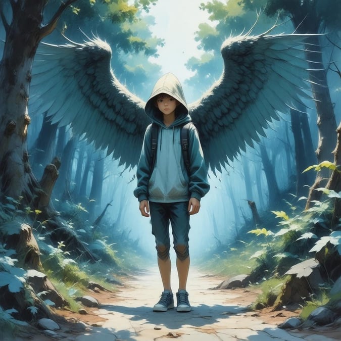 A young student, transformed into an ethereal creature with winged grace, stands at the edge of a lush forest path. The creature, clad in hooded attire, seems to be a gentle guardian amidst the verdant surroundings. A study break that turns fantastical.